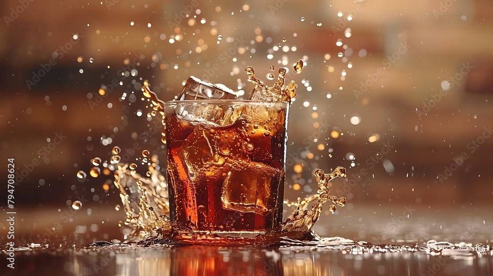 Ice cube droped in cola glass and cola splashing - obrazy, fototapety, plakaty 
