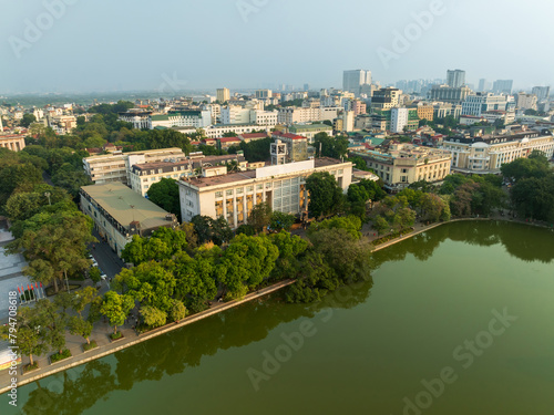 Aerial drone top view of Dinh Tien Hoang street with Hanoi Post Office (was built in 1970s) © Hanoi Photography