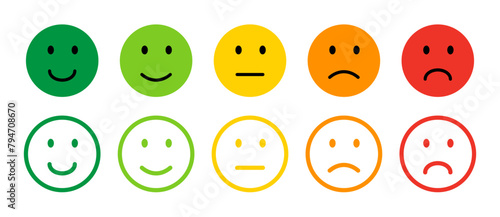 Emoji face icon set design collection. Hand drawn good and bad mood expression symbol.	Survey approval user rating.
 photo