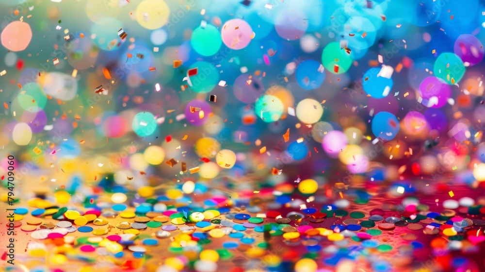 Bright and colorful confetti scattered in the air during a festive celebration with a blurred background.