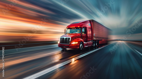 American truck speeding freeway  very blurred motion to road