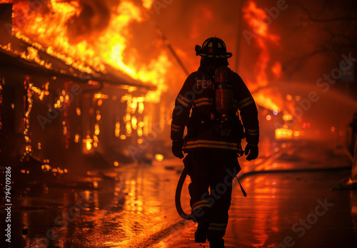 A firefighter is captured from behind as they bravely work amidst flames in a burning building, their silhouette outlined against the fiery backdrop