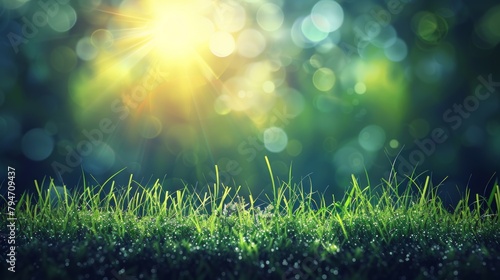 Sunlight streaming through fresh dew on vibrant green grass, depicting serene nature. photo