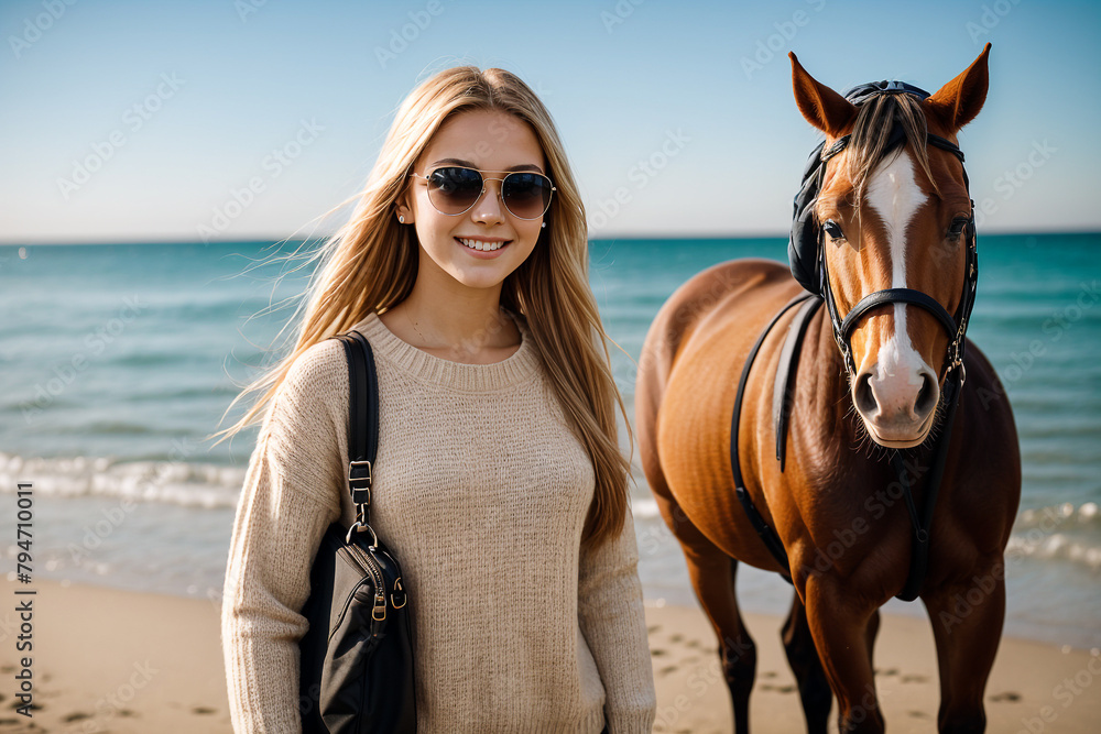 Obraz premium A girl and a horse stand next to beach