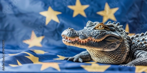 A detailed alligator figurine resting on a silky European Union flag. photo