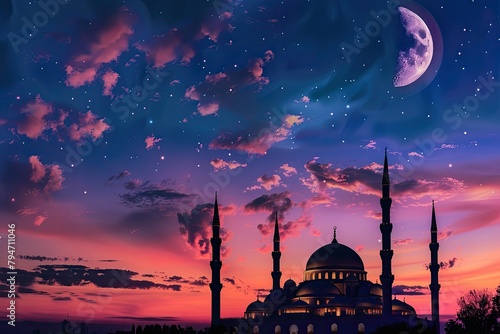 Mosque sunset sky, moon, holy night, islamic night and silhouette mosque, panaromic islamic wallpaper photo