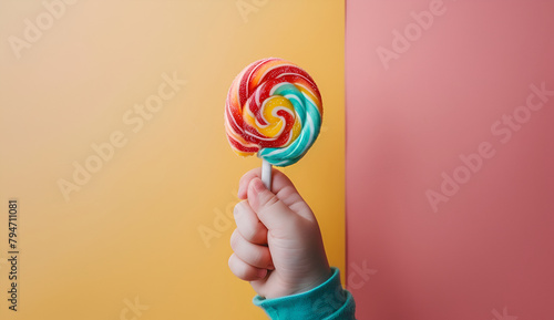 Children hand holding a candy on colorful background 