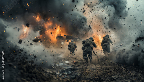 World War II action scene, soldiers charging into battle, explosions and smoke in the background, dramatic cinematic lighting