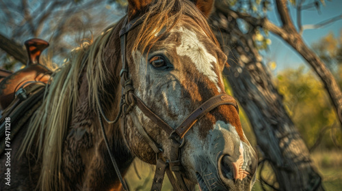 The drifters horse stands tethered to a tree its eyes wild and untamed a reflection of its masters nomadic spirit. . photo