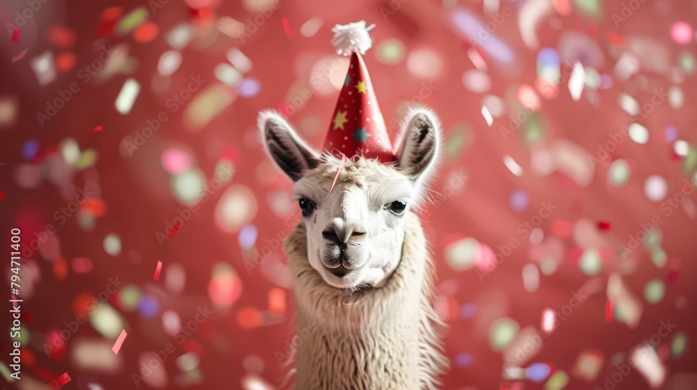 Fototapeta premium A cheerful llama wearing a festive party hat stands against a backdrop of flying confetti, evoking a celebratory mood.