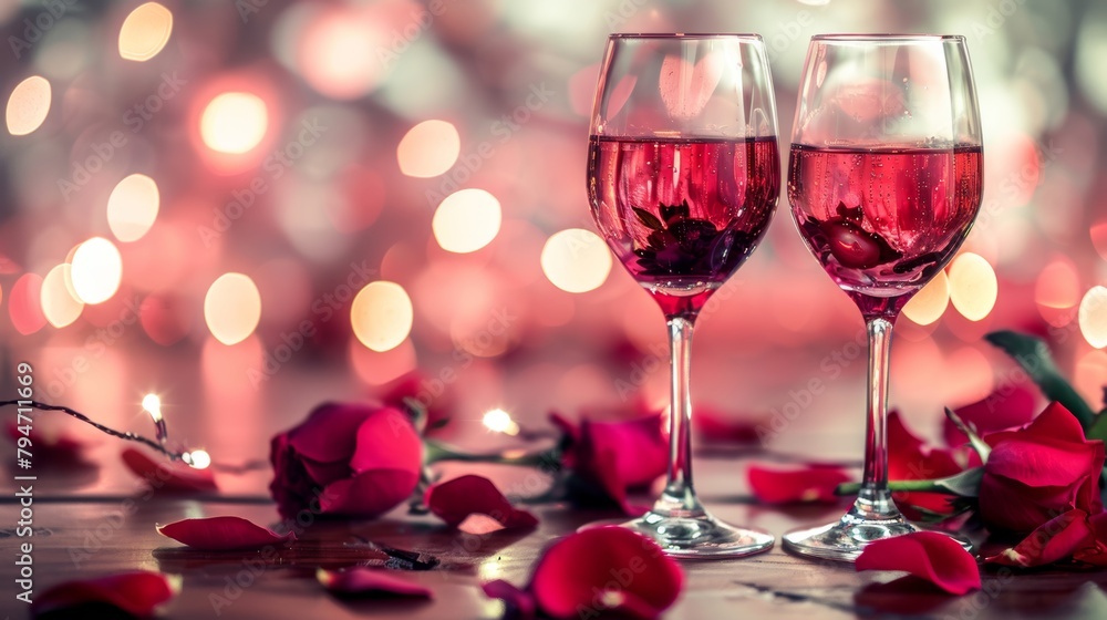 Two glasses of red wine surrounded by rose petals in a soft, romantic setting. Two glasses of red wine surrounded by rose petals in a soft, romantic setting.