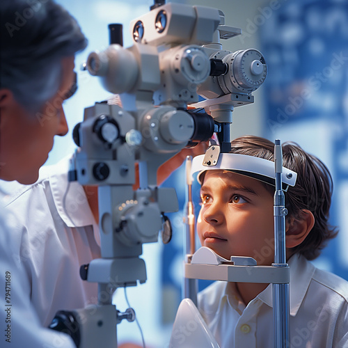 Image of an eye examination, an optometrist adjusts the photometer on a patient's face. photo