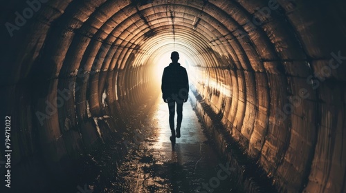 A person standing at the end of a dark tunnel, looking hesitant to move forward photo