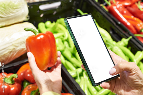 Red bell pepper vegetable in hand and smartphone  isolated white