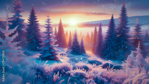 Winter landscape. Forest, trees covered with snow. Sunrise, winter morning of a new day. gentle light of the morning sun. Beauty, pre-Christmas, frost and snow.
