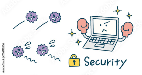 セキュリティソフトでコンピューターウイルスを防ぐパソコンの手書きイラスト