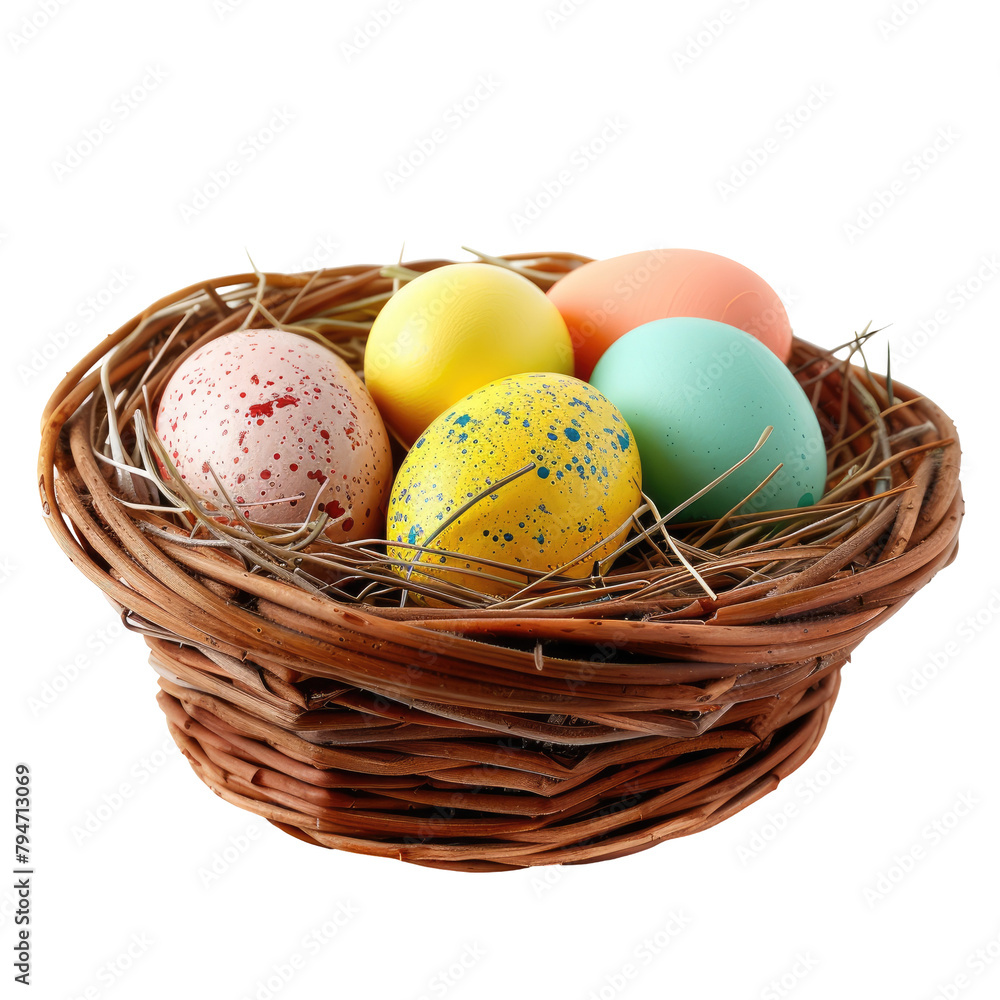 Gorgeous Easter eggs nestling in a wicker basket set against a transparent background
