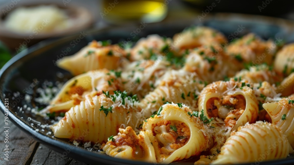 Plate of pasta with meat and cheese Plate of pasta with meat and cheese