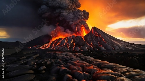 Volcano that erupts with toxic black smoke. A volcano belching forth thick, poisonous black fumes, shrouding the landscape in darkness photo