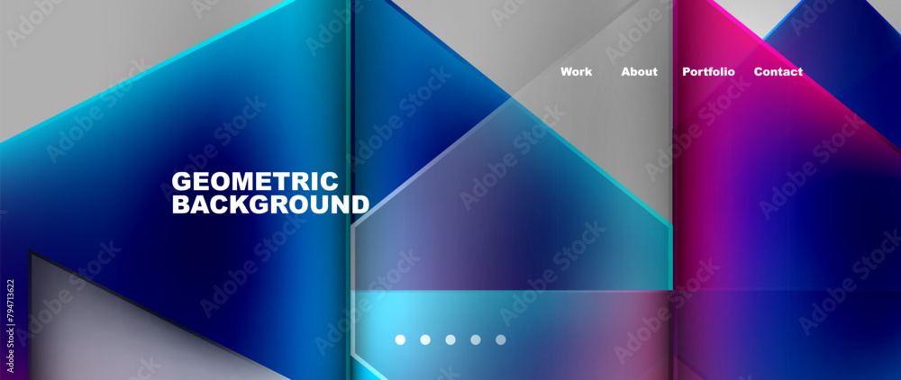 The geometric background is filled with triangles in shades of azure, violet, and electric blue. The liquidlike material properties give it a sleek look, perfect for packaging and labeling design The geometric background is filled with triangles in shades of azure, violet, and electric blue. The liquidlike material properties give it a sleek look, perfect for packaging and labeling design
