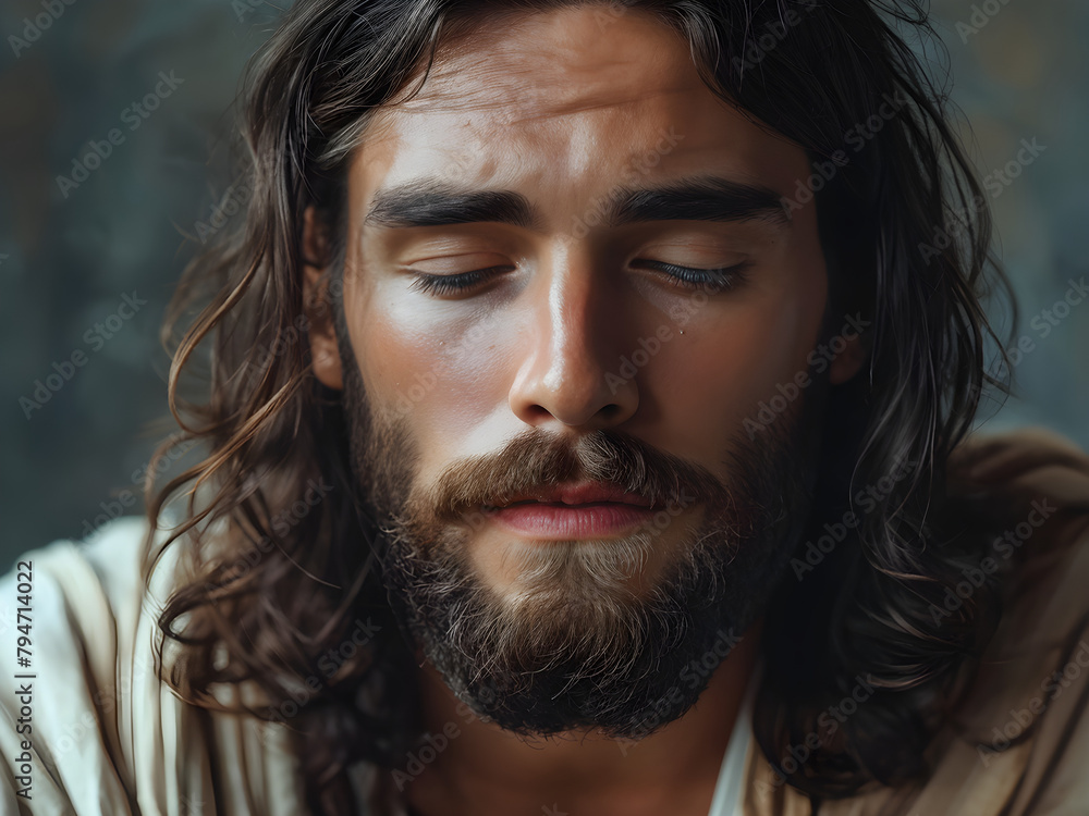 Contemplative Jesus: Deep Thoughts in Pastel, Divine Reflections: Lost in Pastel, Meditative Presence: Serenity in Pastel, Tranquil Contemplation: Amidst Pastel Reverie - obrazy, fototapety, plakaty 