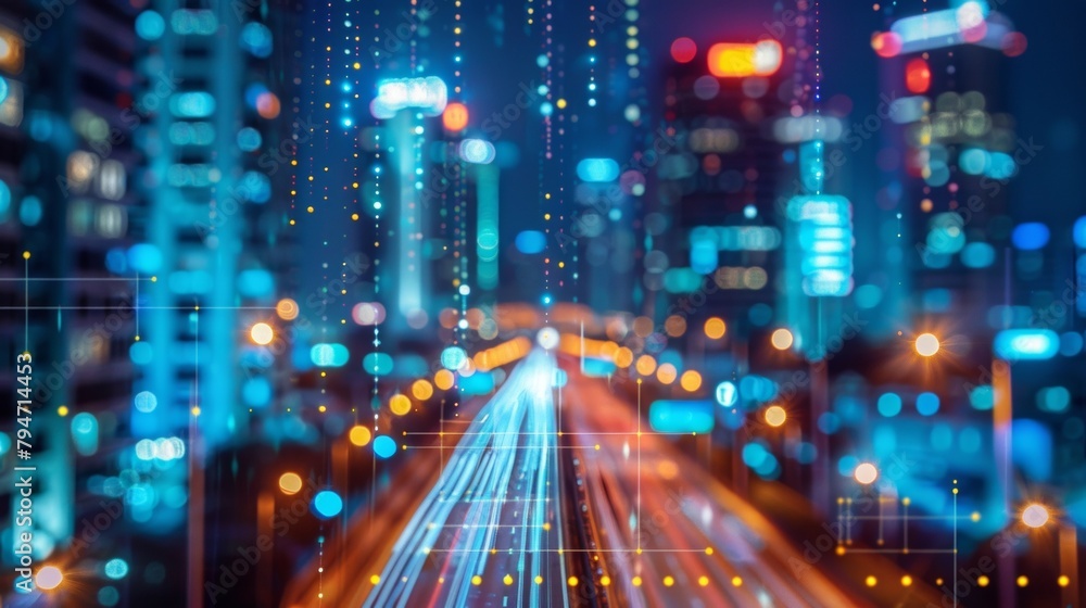 Blurred city lights illuminate the background of this image symbolizing the fastpaced and modern world of innovation where new ideas and breakthroughs are constantly being born. .