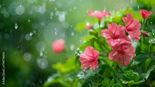 Pink flowers on green plant in rain