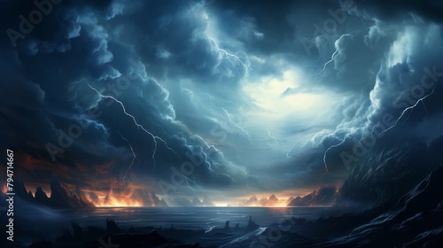 A dark fantasy landscape with a stormy sky and a raging sea. photo