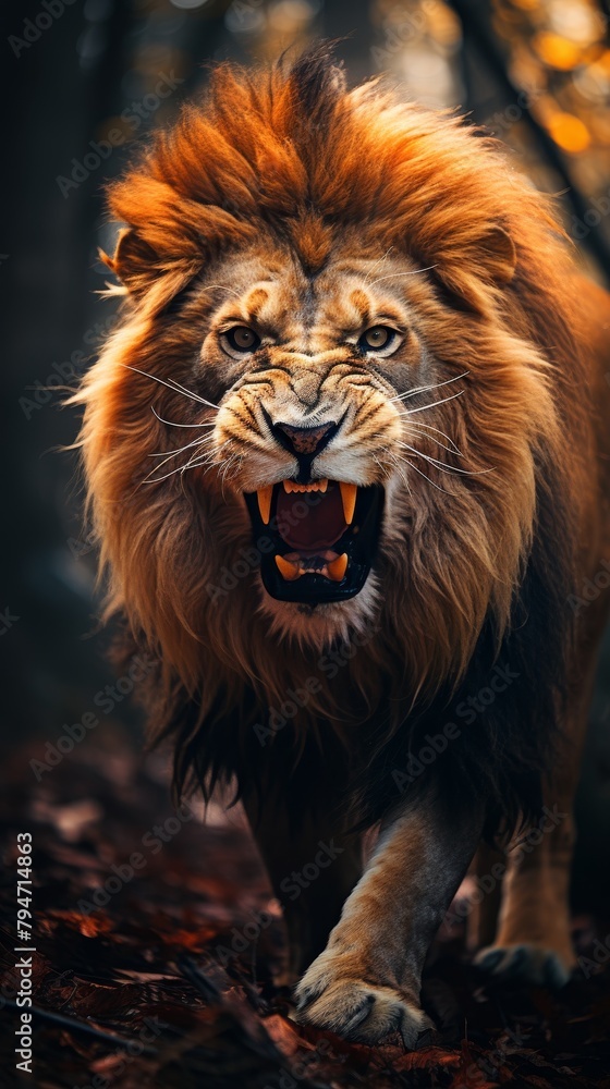 Naklejka premium A lion with a dark brown mane is walking through the forest. The lion is roaring and showing its teeth. The background is blurry and looks like it is a forest.