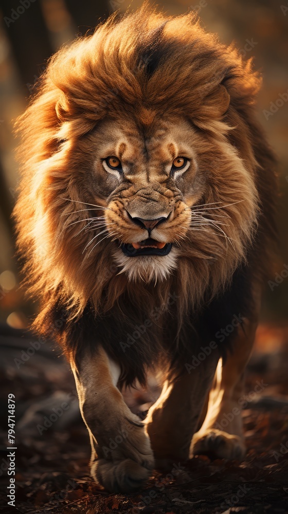 A lion with a full, majestic mane is walking towards the camera, looking fierce and ready to attack.