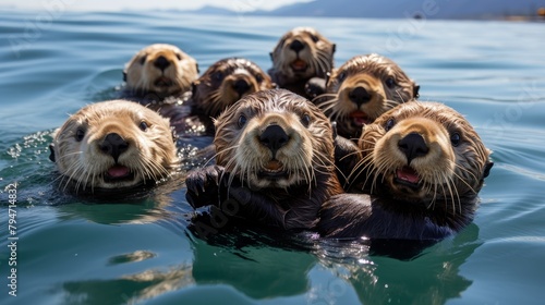 A group of sea otters floating in the ocean, looking at the camera. photo