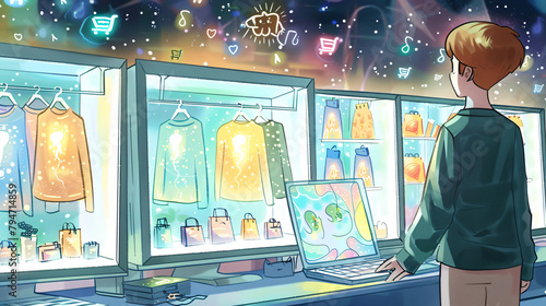 Customer using AI for personalized shopping on an e-commerce site, tailored product suggestions, smart technology, online retail innovation, user experience design, shopper interaction