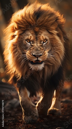 A lion with a full  majestic mane is walking towards the camera  looking fierce and ready to attack.