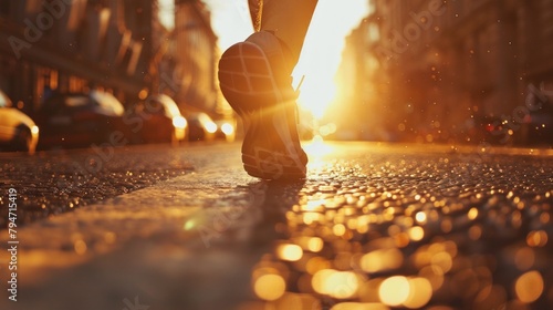 A runner's feet flying over a city road, the sunset casting long shadows. The focus is on the rhythm and the connection between athlete and urban landscape, AI Generative