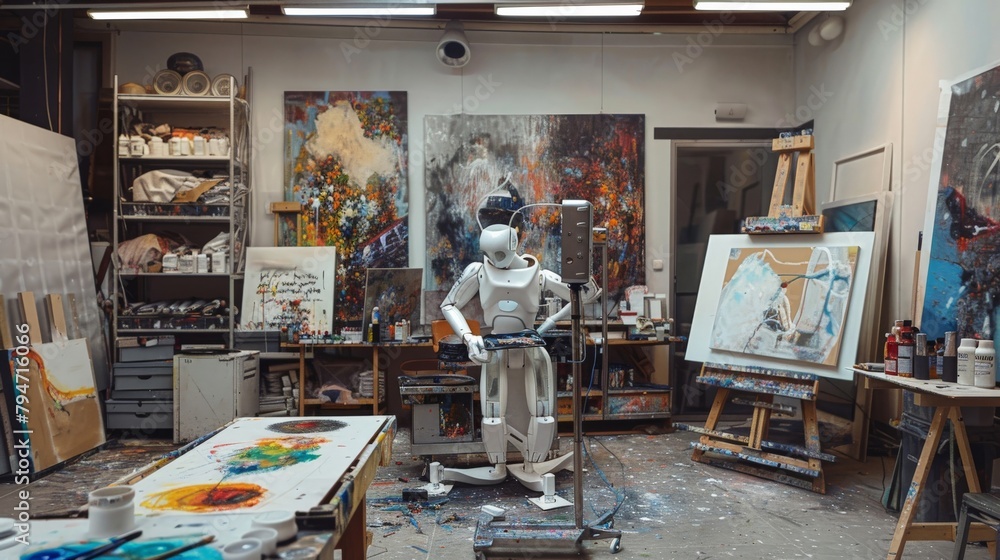 A robot artist creating paintings in an art studio, surrounded by canvases A robot artist creating paintings in an art studio, surrounded by canvases