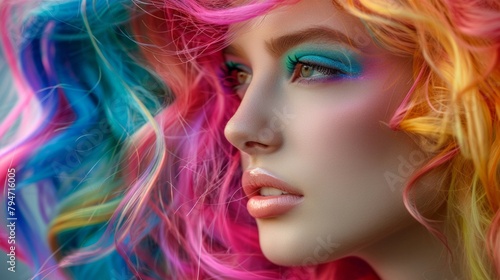 Beautiful woman in colorful wig, vibrant and stylish, fashion forward, detailed portrait, AI Generative © sorapop