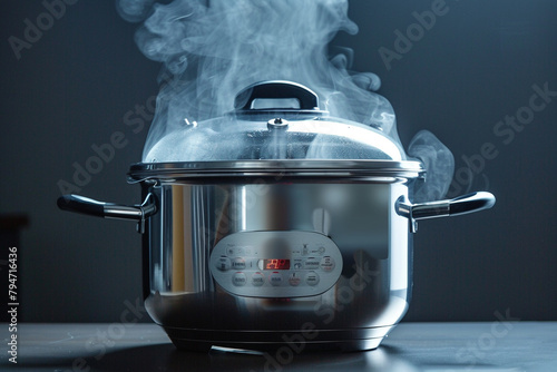 A stainless steel rice cooker with a steaming function, versatile for cooking various dishes.