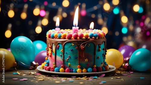 Delicious and stunning birthday cake with candles by happy birthday celebration
