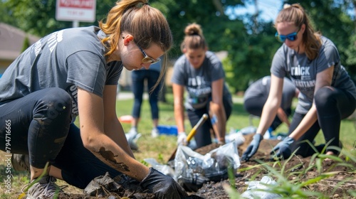 A group of volunteers sporting matching tshirts and determined expressions work together to clean up a local park. Armed with garbage bags and gardening tools they are providing their .