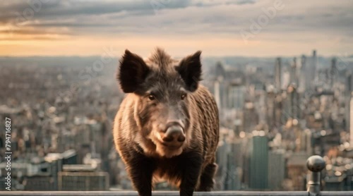 A Wild Boar Overlooking Urban Landscape