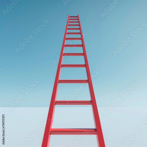 Design a 3D icon illustrating a long  red ladder reaching up towards a distant goal or target. This icon should symbolize ambition  AI Generative