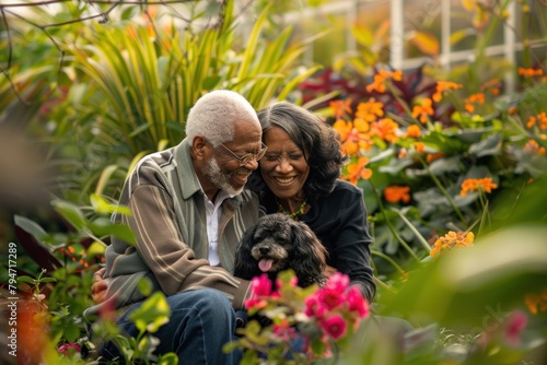 Senior African American couple enjoying a tender moment with their dog in a vibrant flower garden.
