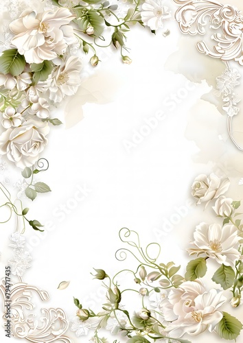 shabby chic scrapbook paper with white roses and lace on a damask background