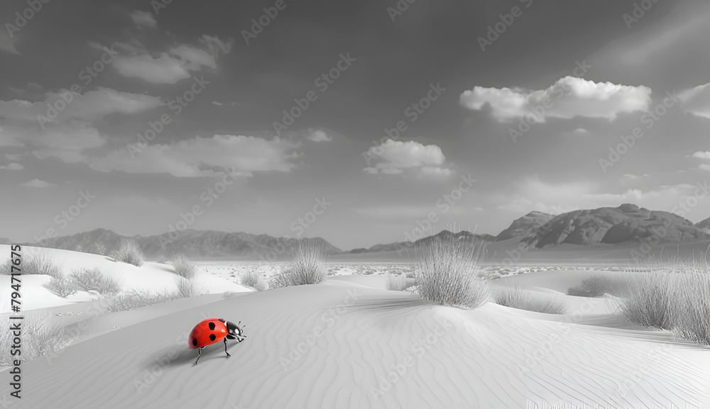 Red ladybug in the desert on black and white background.
Red ladybug in the desert on black and white background.
