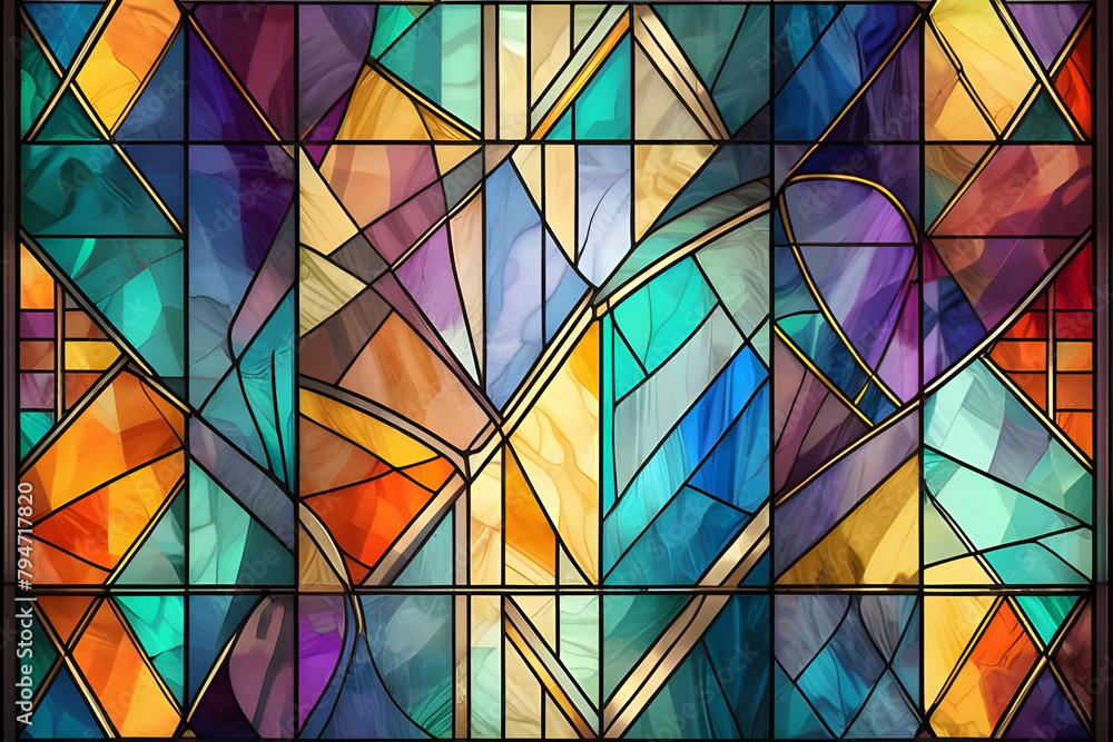 Stained glass window. Abstract colorful stained-glass background. Art Deco geometric decor for interior. Vintage pattern. Luxury modern interior. Transparency. Multicolor template for design interior. Stained glass window. Abstract colorful stained-glass background. Art Deco geometric decor for interior. Vintage pattern. Luxury modern interior. Transparency. Multicolor template for design interior.