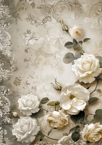 shabby chic scrapbook paper with white roses and lace on a damask background