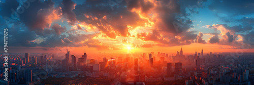 Cityscape at sunset panorama banner - top view o, City at sunset HD 8K wallpaper Stock Photographic Image 