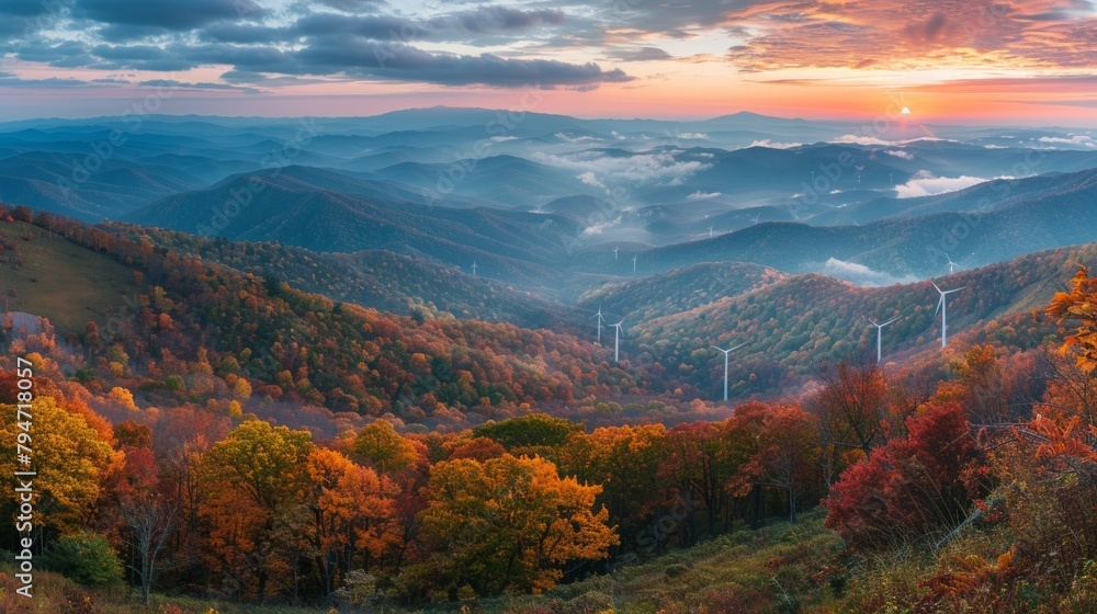 Panoramic blue ridge mountains vista, wind turbines dotting the landscape, symbol of renewable energy, vast, AI Generative