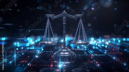 Law scales on background of data center. Digital law concept of duality of Judiciary, Jurisprudence and Justice and data in the modern world, Copy space, Law and AI Technology concept