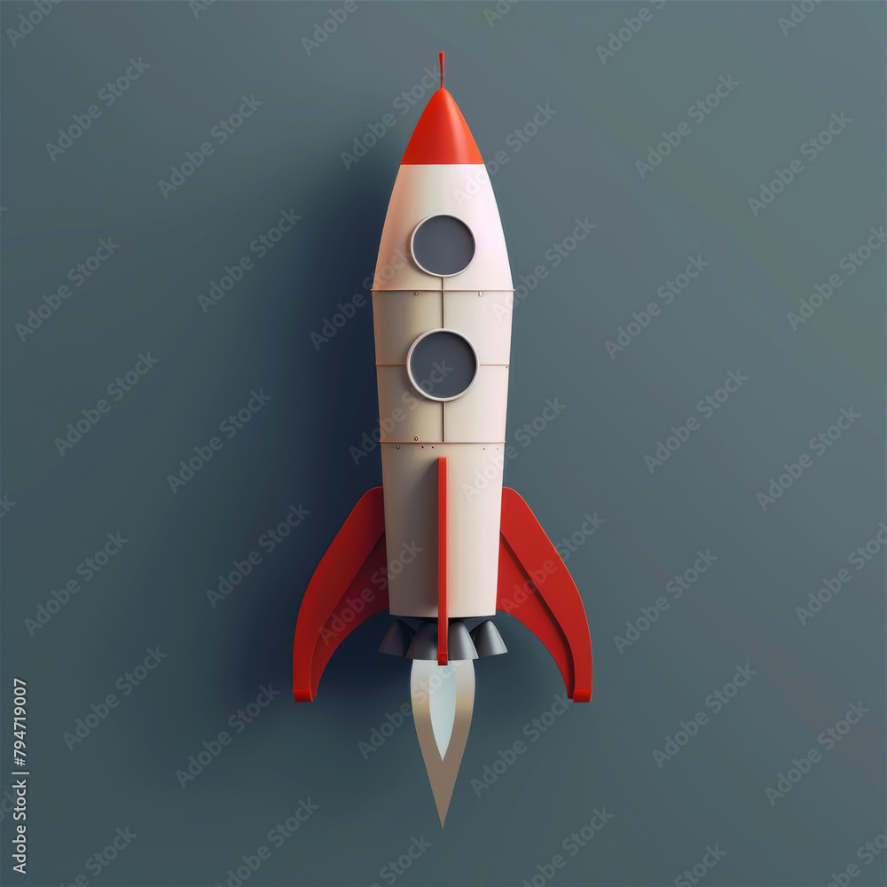 Stylized illustration of a vintage toy rocket with a red and beige design on a solid grey background. - obrazy, fototapety, plakaty 